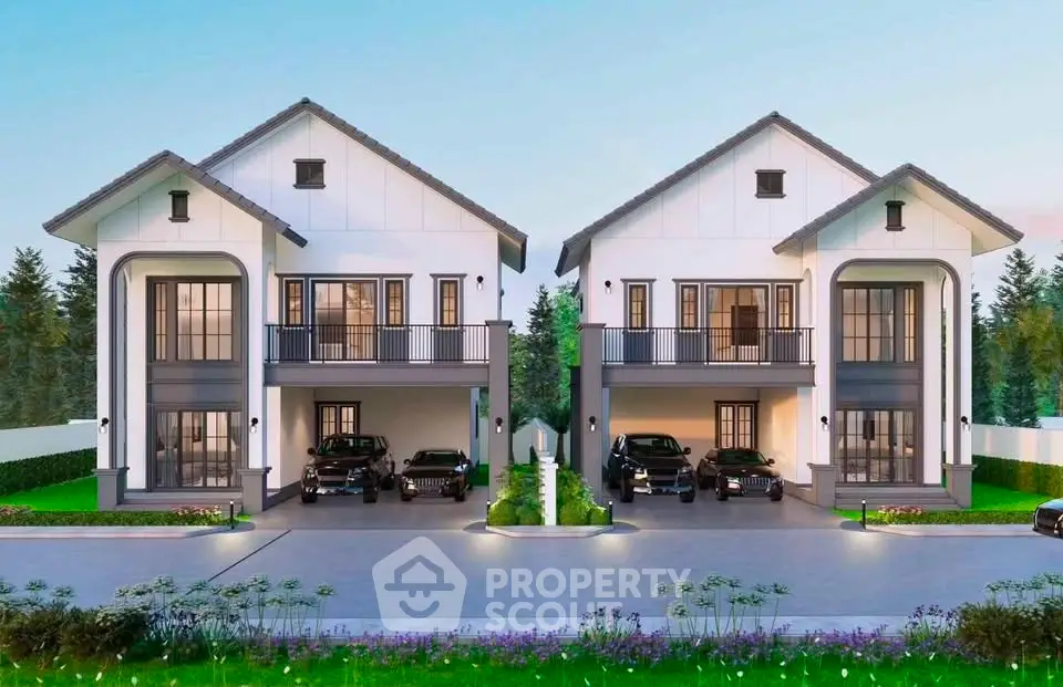 Stunning modern duplex with spacious driveways and elegant architecture in serene neighborhood.