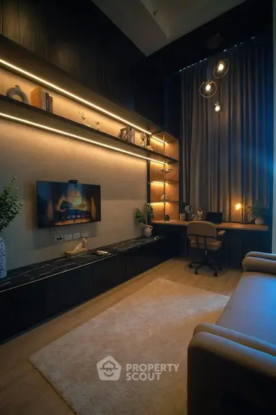 Luxurious modern living room with high ceilings, ambient lighting, and elegant decor.