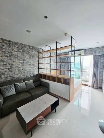 Modern living room with stylish partition and city view