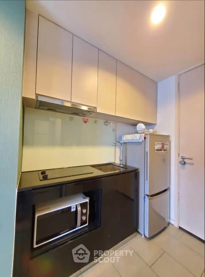 Modern compact kitchen with sleek cabinetry and built-in appliances in urban apartment.