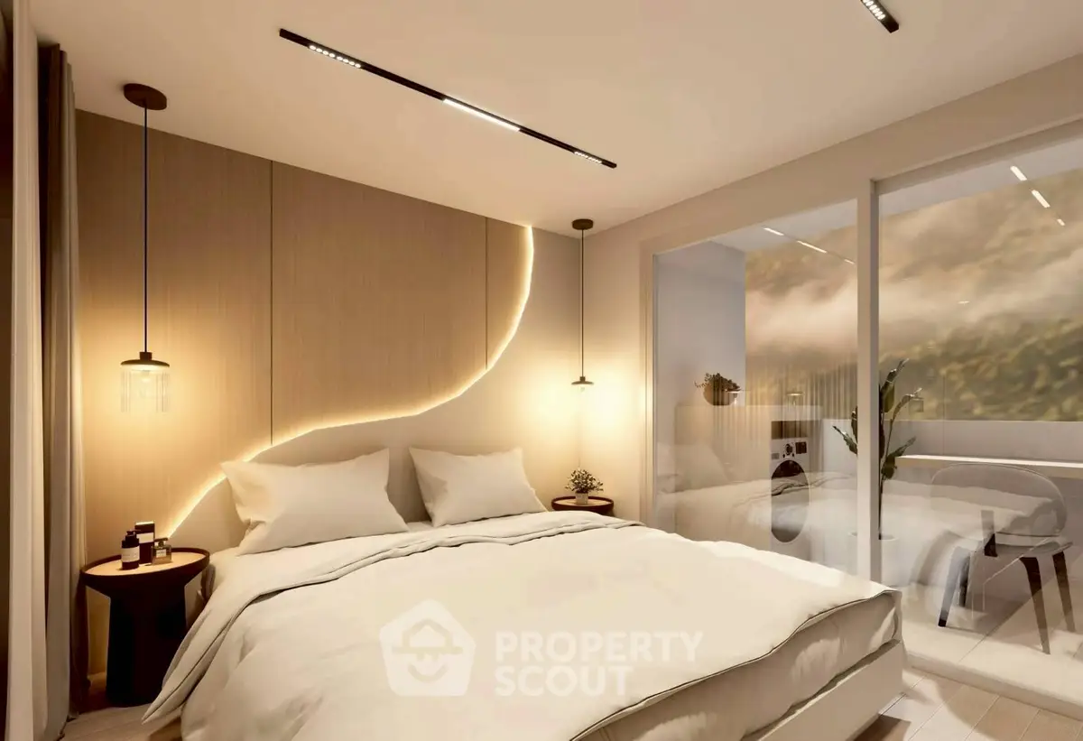 Luxurious bedroom with modern lighting and balcony view, perfect for serene living.