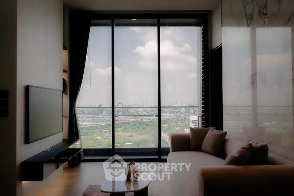 Luxurious living room with panoramic city view and modern decor