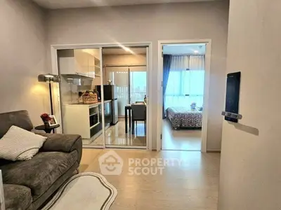 Modern apartment interior with cozy living room and sleek kitchen design