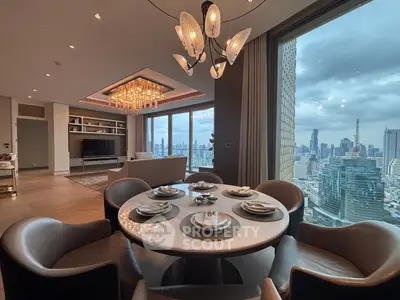 Luxurious modern living room with stunning city view and elegant dining area