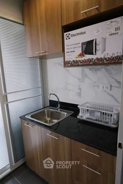 Modern kitchen with sleek cabinetry and Electrolux microwave, featuring a compact sink and dish rack.