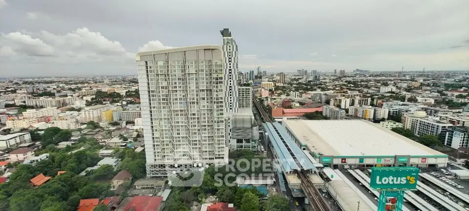 Stunning aerial view of modern high-rise building in bustling cityscape