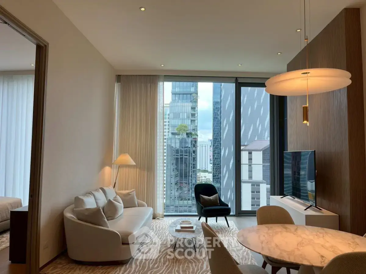 Luxurious modern living room with stunning city view, elegant furniture, and ambient lighting.
