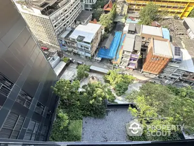 Stunning cityscape view from high-rise building overlooking urban greenery and vibrant architecture.