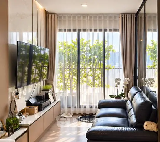 Modern living room with large windows and leather sofa, featuring a wall-mounted TV and elegant decor.