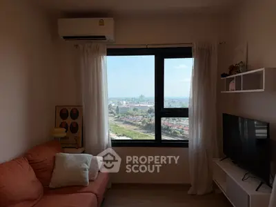 Cozy living room with stunning city view and modern decor