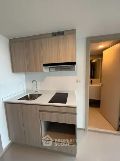 Modern compact kitchen with sleek wooden cabinets and integrated appliances