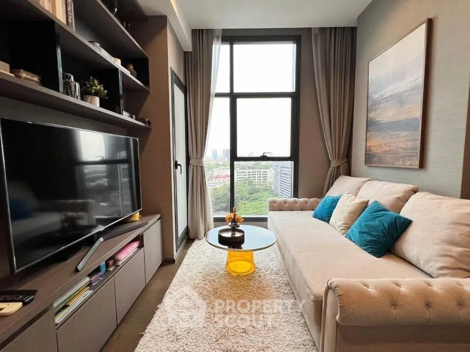Stylish living room with modern decor and city view