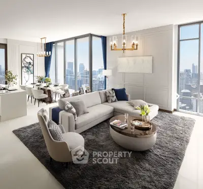 Luxurious modern living room with panoramic city views and elegant furnishings.