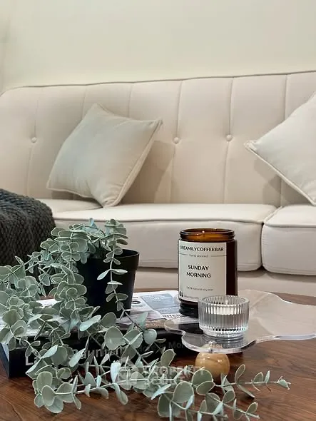 Cozy living room with elegant sofa and decorative elements, perfect for relaxation.
