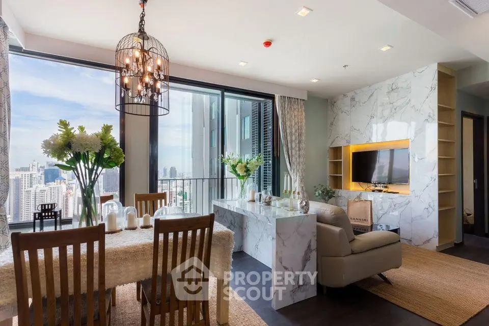 Luxurious modern living room with stunning city view and elegant decor