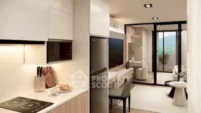 Modern kitchen and living area with sleek design and mountain view