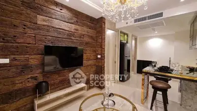 Luxurious living room with rustic wood wall and elegant chandelier
