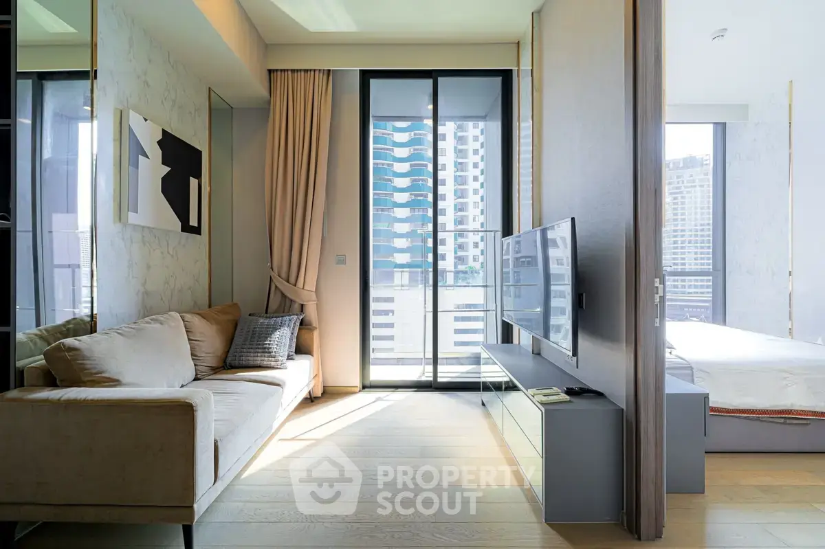 Modern living room with balcony view in luxury apartment