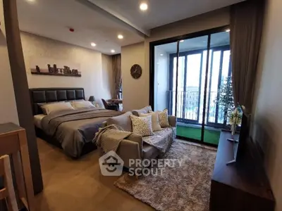 Luxurious bedroom with balcony view in modern apartment