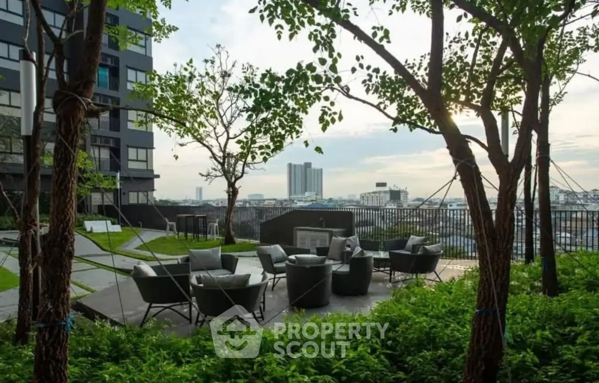 Stunning rooftop garden with panoramic city views and modern outdoor seating area.