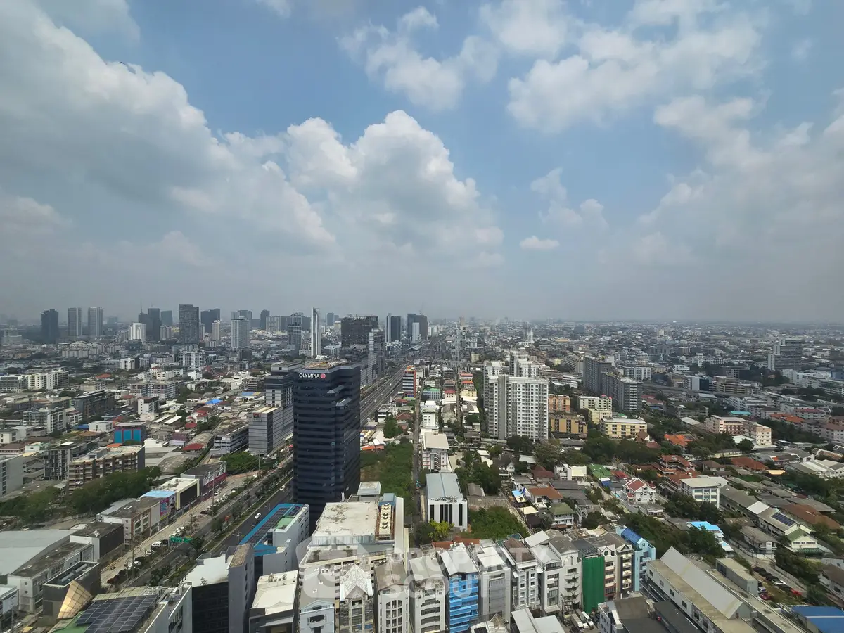 Stunning panoramic cityscape view from a high-rise building showcasing urban skyline and vibrant city life.