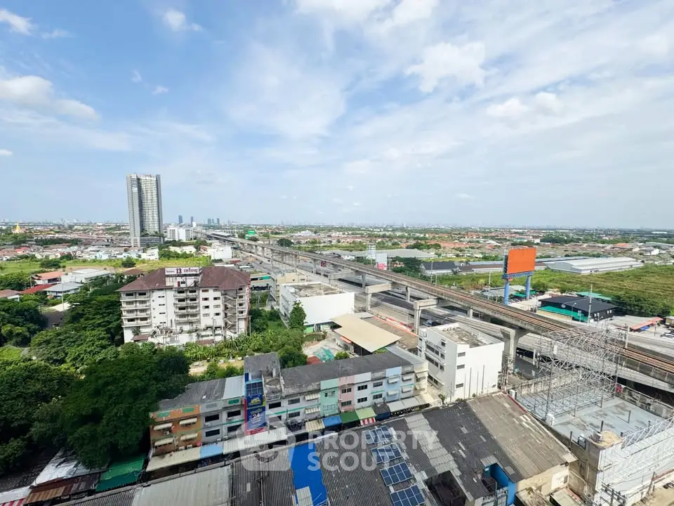 Stunning cityscape view from high-rise building showcasing urban landscape and transportation infrastructure.