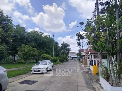 Charming suburban street view with lush greenery and parked cars under a bright blue sky.