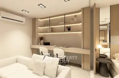 Modern living room with stylish decor and built-in study area
