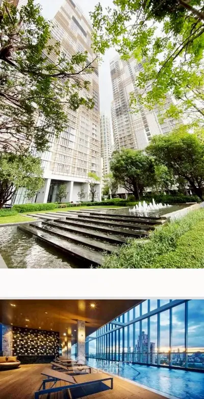 Luxurious high-rise building with lush garden and stunning indoor pool with city view.