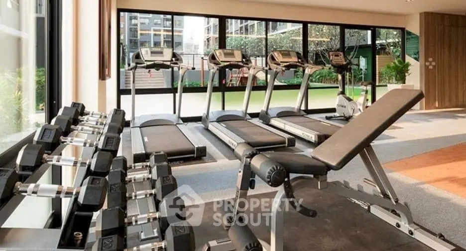 Modern gym with treadmills and weights in luxury apartment building