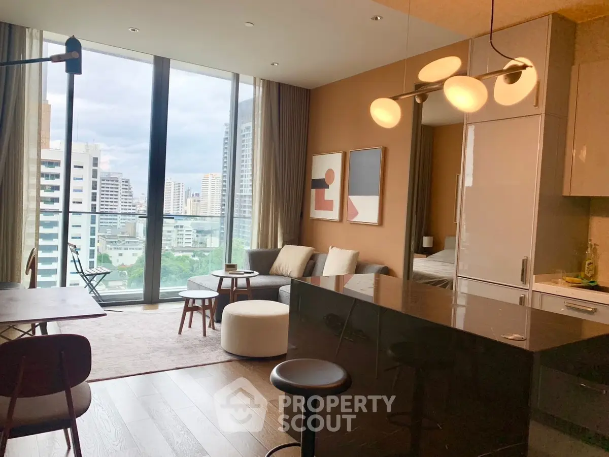 Modern open-layout living room with city view, stylish furniture, and elegant lighting in a high-rise apartment.
