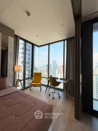 Luxurious bedroom with stunning city view, featuring floor-to-ceiling windows and modern furnishings.
