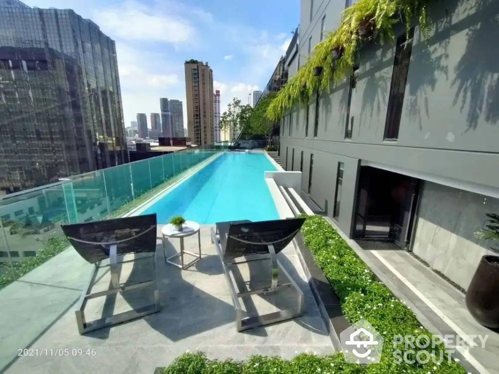 Luxurious rooftop pool with stunning city view and modern lounge chairs