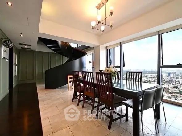 Luxurious dining area with panoramic city views and elegant spiral staircase.