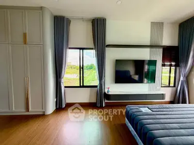 Spacious modern bedroom with large windows and stylish decor