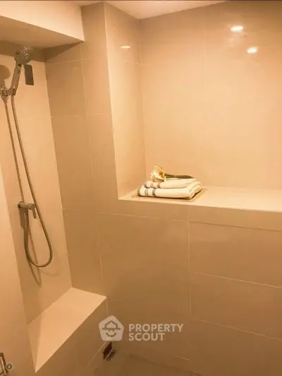 Modern bathroom with sleek shower and built-in shelf, perfect for a relaxing retreat.