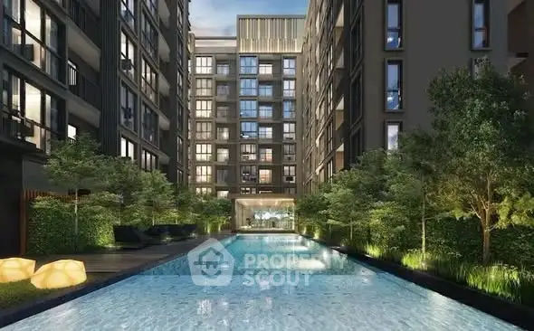 Luxurious condominium with stunning pool and lush greenery, perfect for modern urban living.