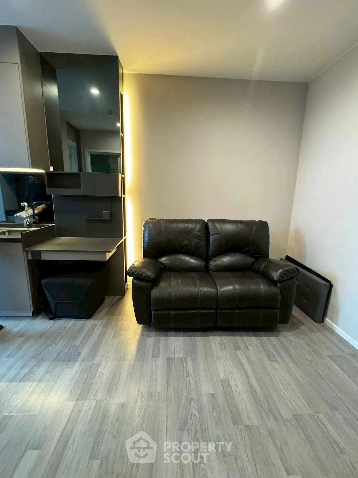 Modern living room with sleek leather sofa and stylish decor