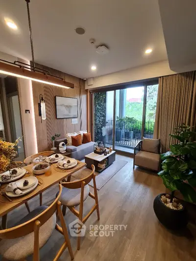 Modern living room with dining area and balcony view, featuring stylish decor and natural light.