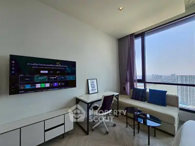 Modern living room with city view, featuring sleek furniture and a wall-mounted TV, perfect for urban living.