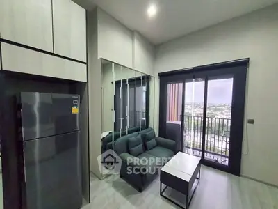 Modern living room with balcony view in high-rise apartment