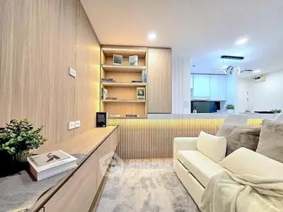 Modern living room with stylish wooden accents and cozy seating area