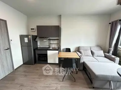 Modern compact living room with kitchenette and cozy sofa