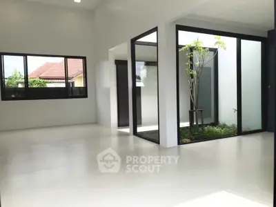 Spacious modern interior with large windows and indoor garden, perfect for natural light lovers.
