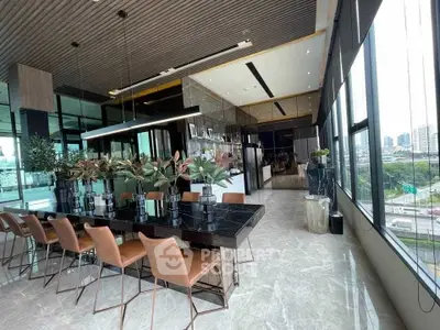 Luxurious dining area with panoramic city views and elegant decor