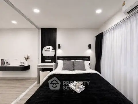 Modern bedroom with sleek design, featuring a cozy bed, stylish decor, and ambient lighting for a luxurious feel.