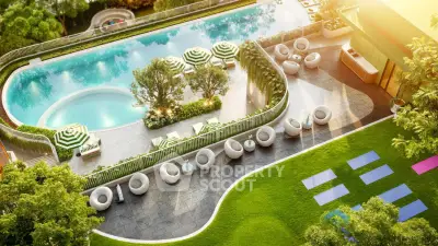 Luxurious rooftop pool with lush greenery and modern seating area