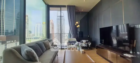Luxurious living room with stunning city view and modern decor