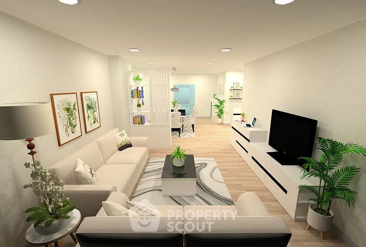 Modern living room with elegant decor, spacious seating, and stylish lighting in a contemporary apartment.