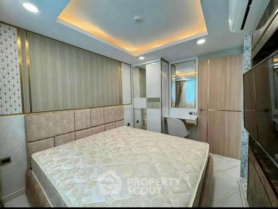 Luxurious bedroom with modern design and ambient lighting